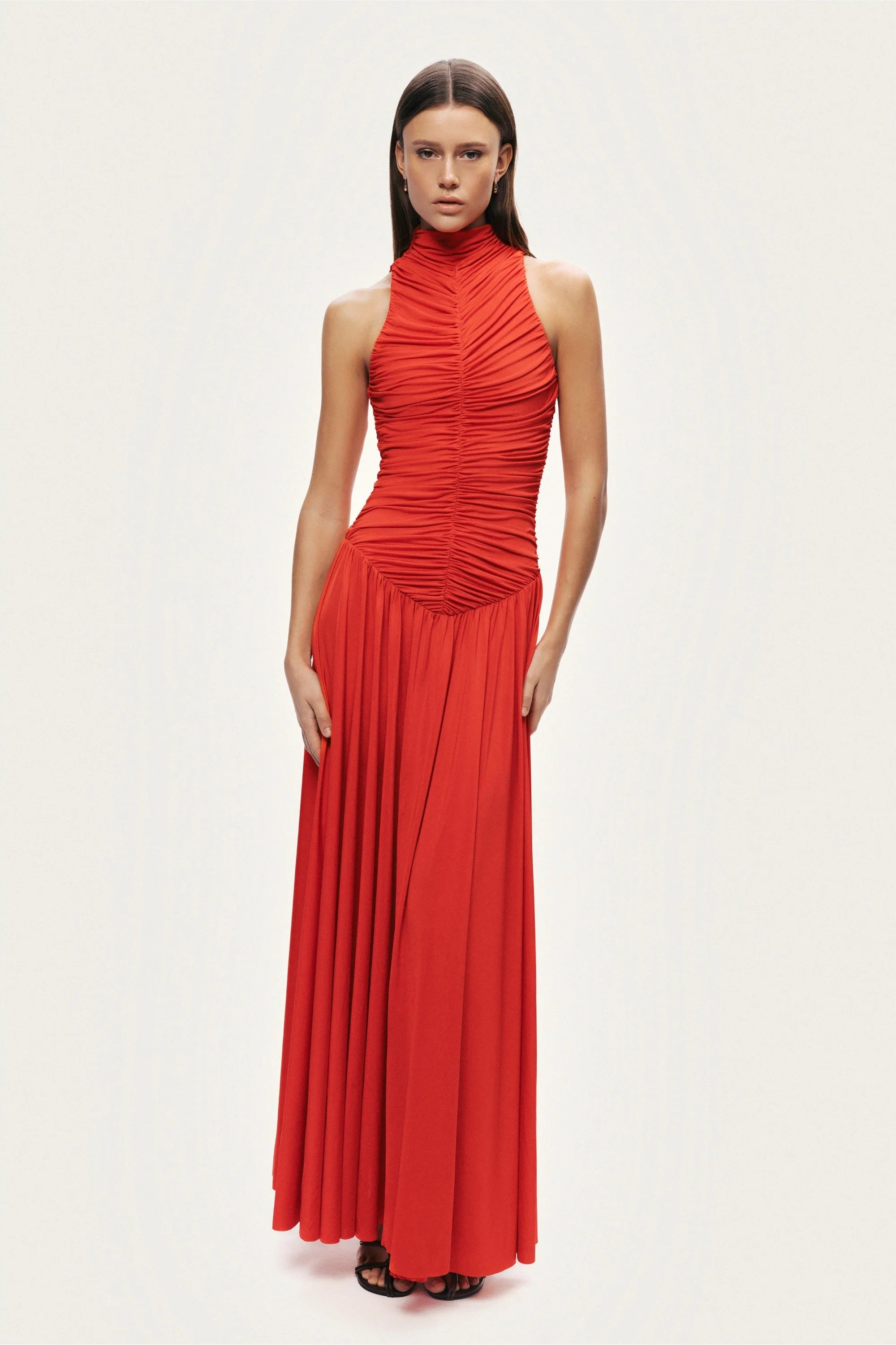 Ruched High-Neck Maxi Dress