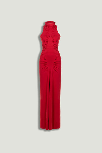 Red Ruched High-Neck Maxi Dress
