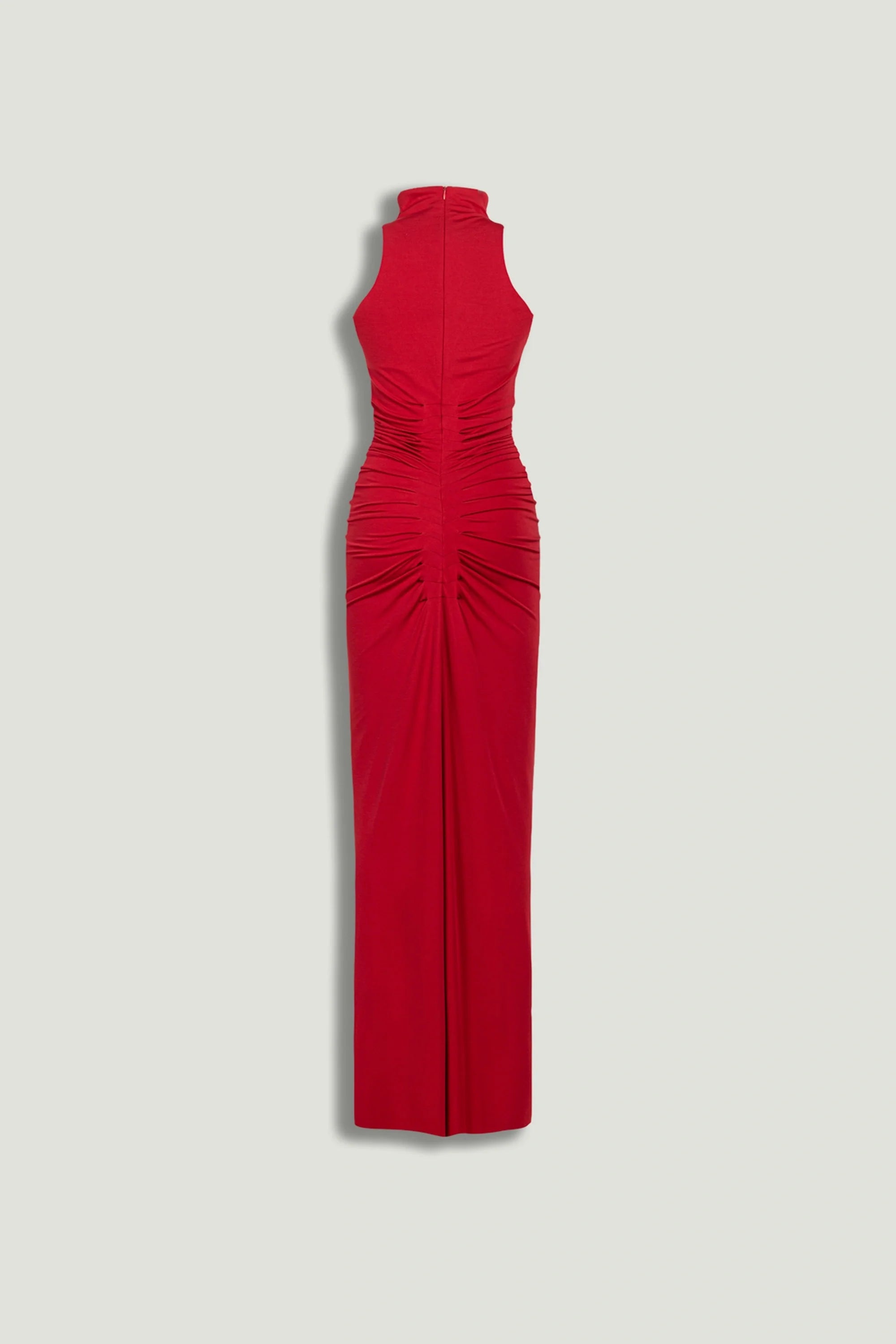 Red Ruched High-Neck Maxi Dress