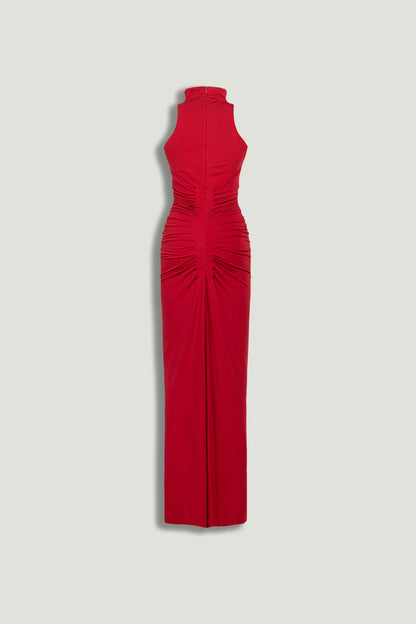 Red Ruched High-Neck Maxi Dress