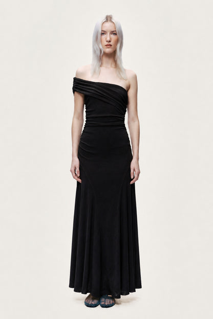 Asymmetric Off-Shoulder Ruched Maxi Dress