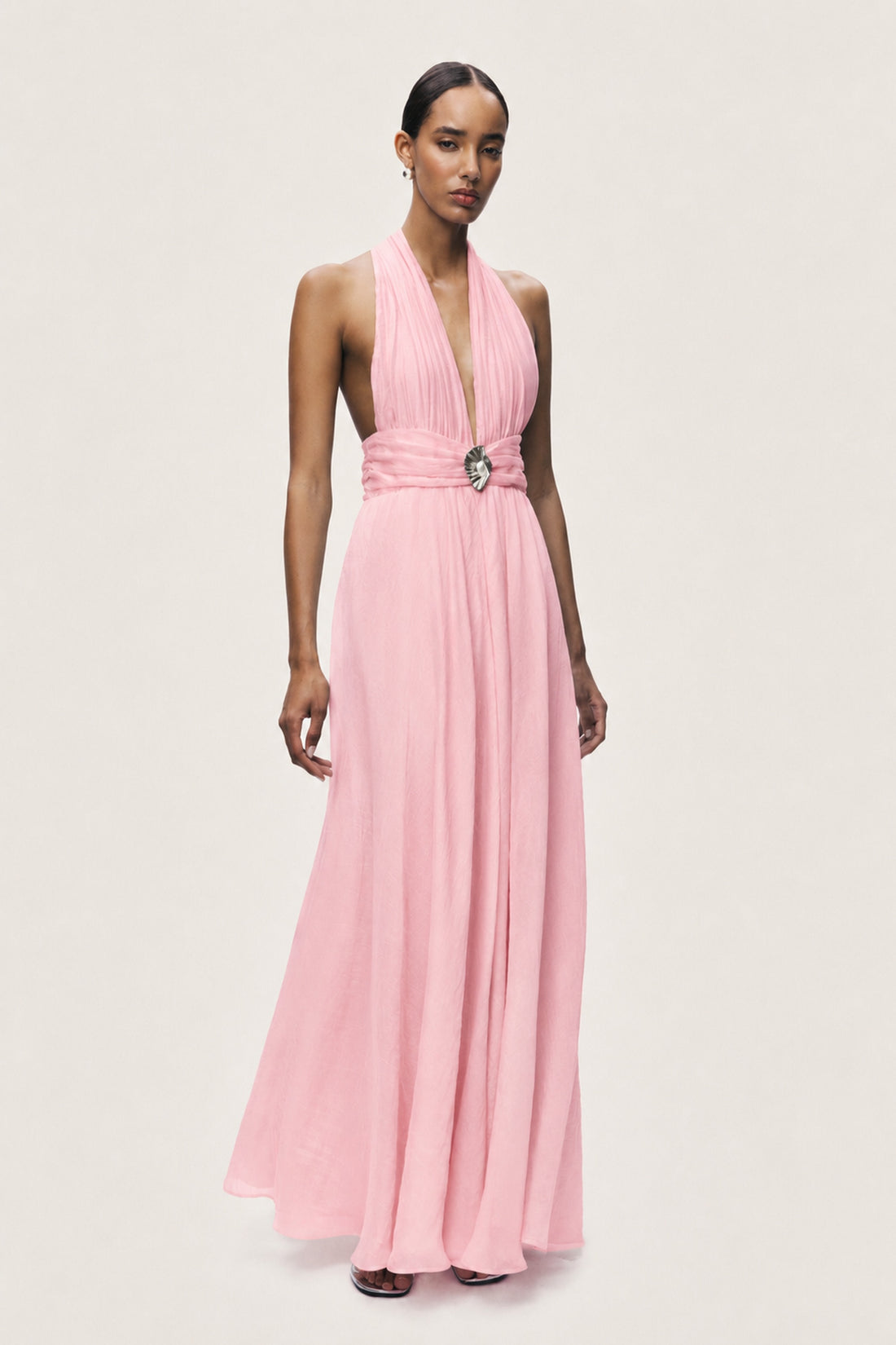 Pleated Halterneck Maxi Dress with Brooch Detail