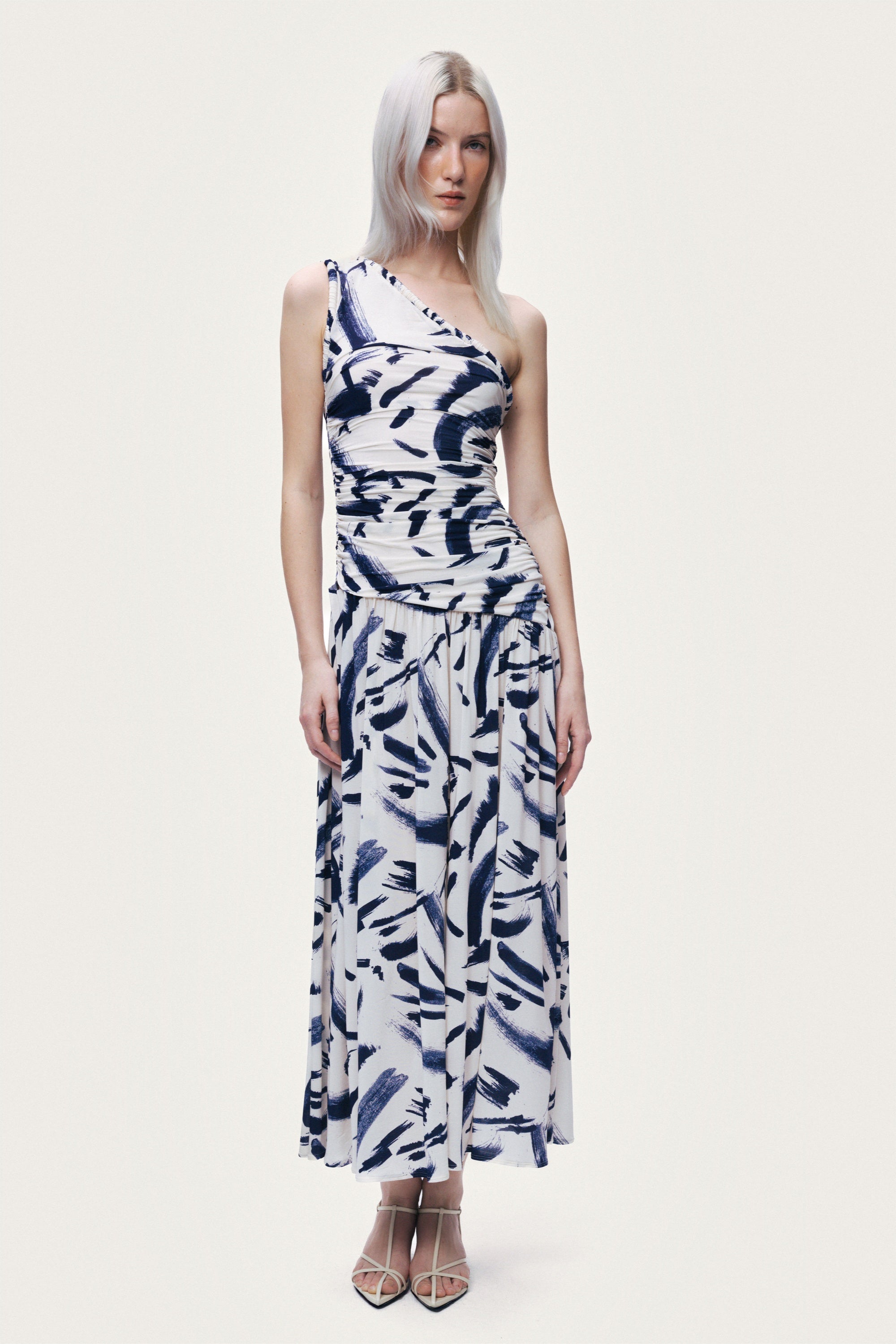 Printed One-Shoulder Draped Midi Dress