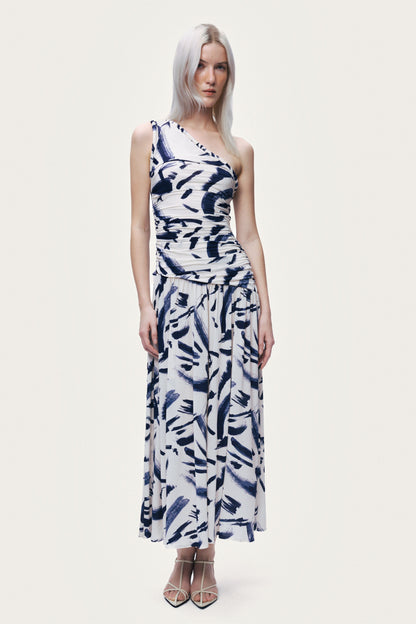 Printed One-Shoulder Draped Midi Dress