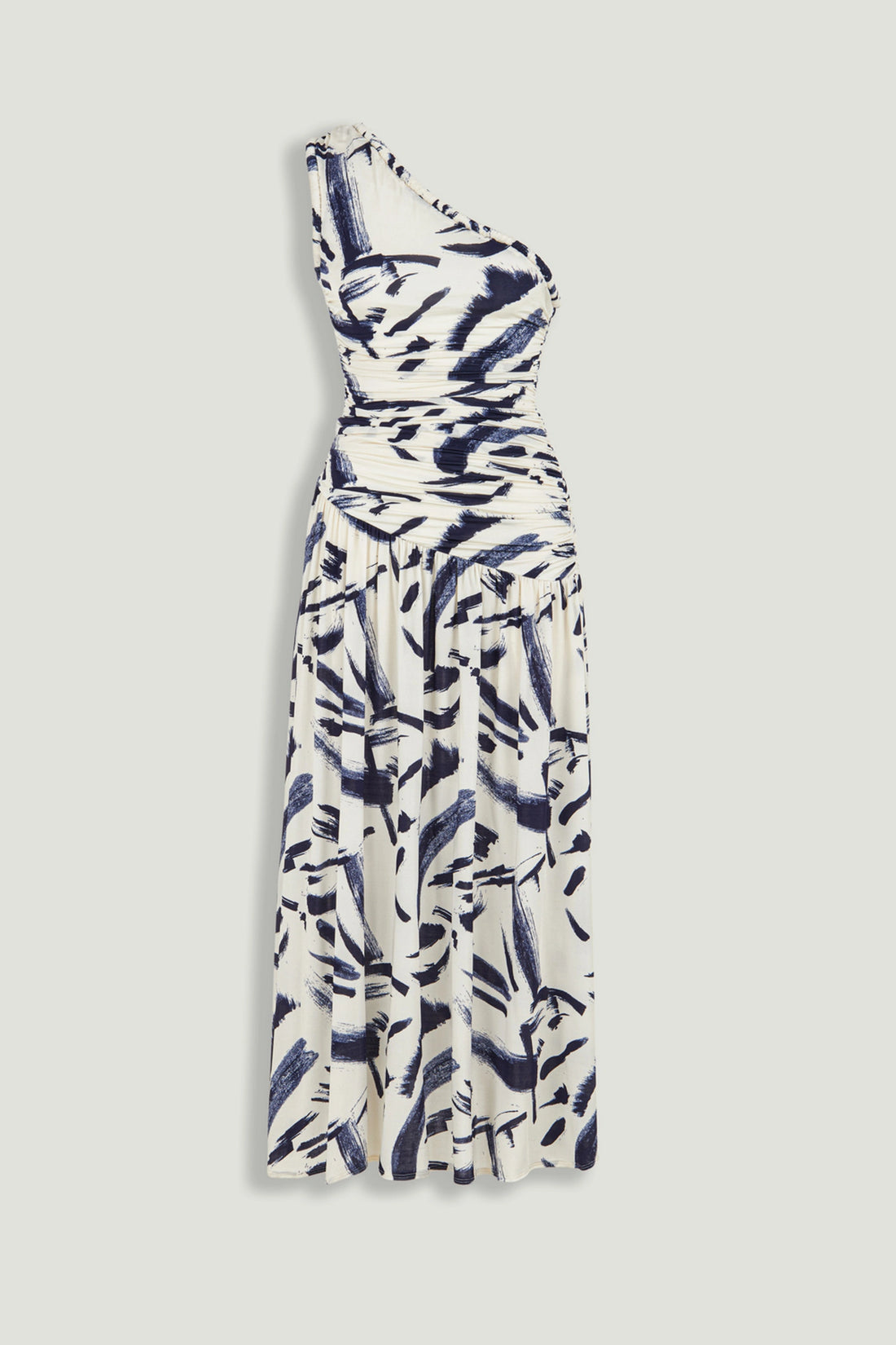 Printed One-Shoulder Draped Midi Dress