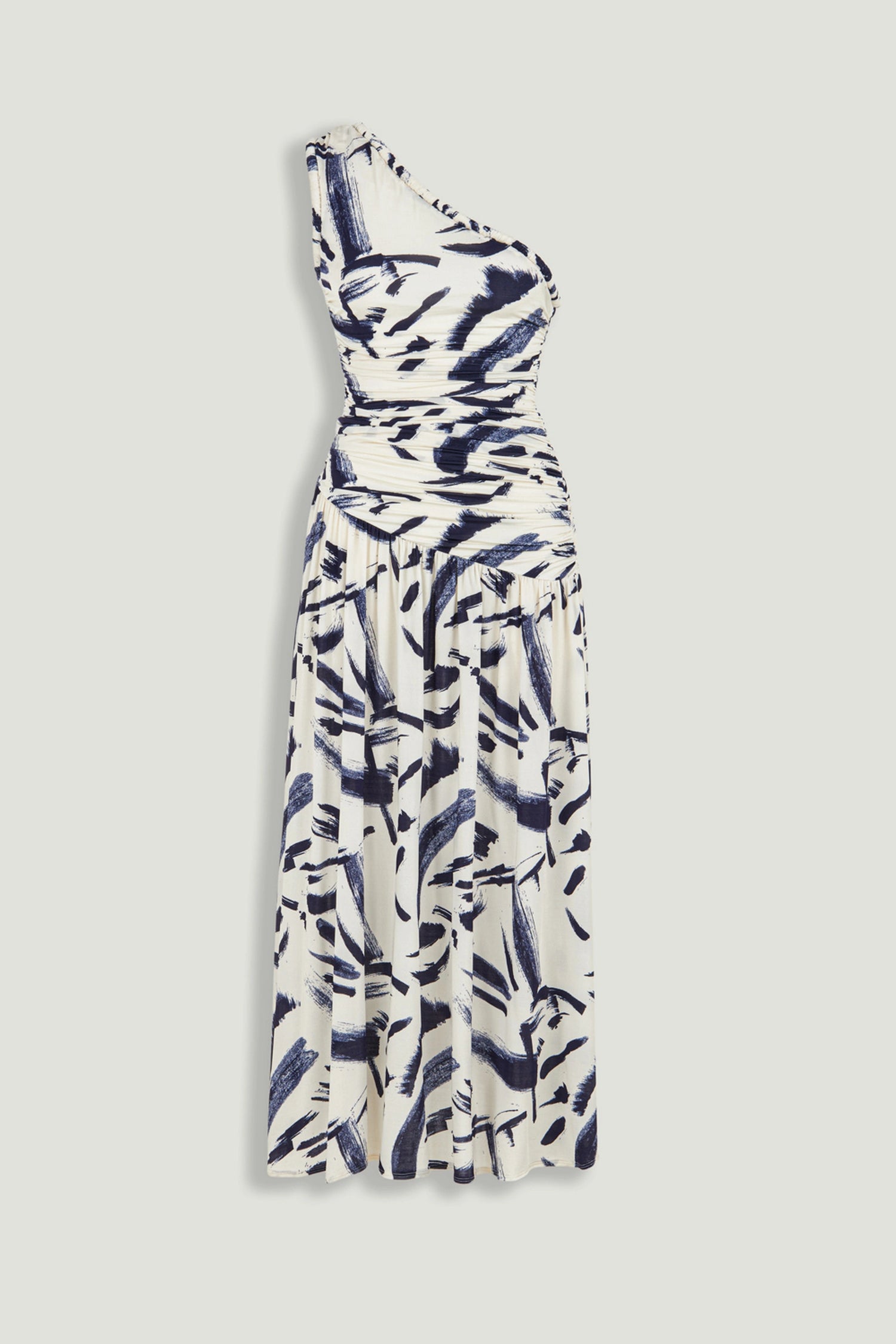 Printed One-Shoulder Draped Midi Dress