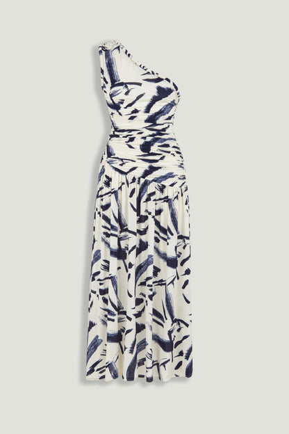 Printed One-Shoulder Draped Midi Dress