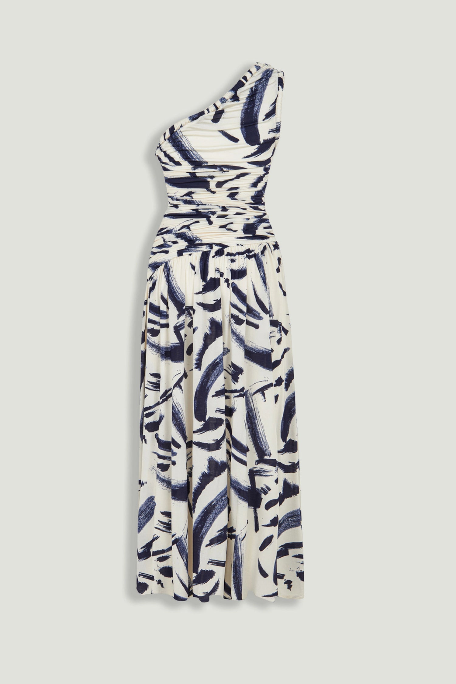 Printed One-Shoulder Draped Midi Dress