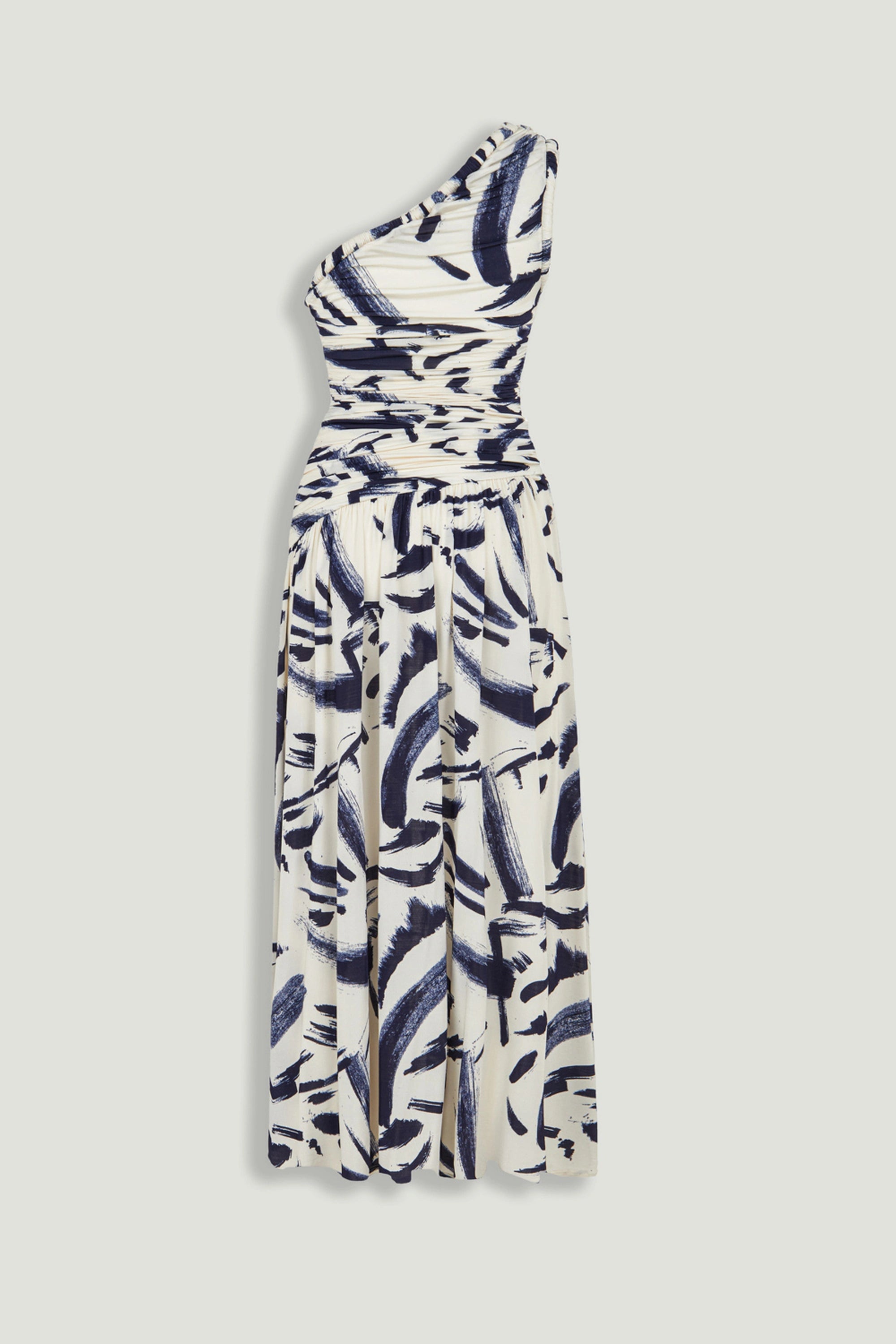 Printed One-Shoulder Draped Midi Dress