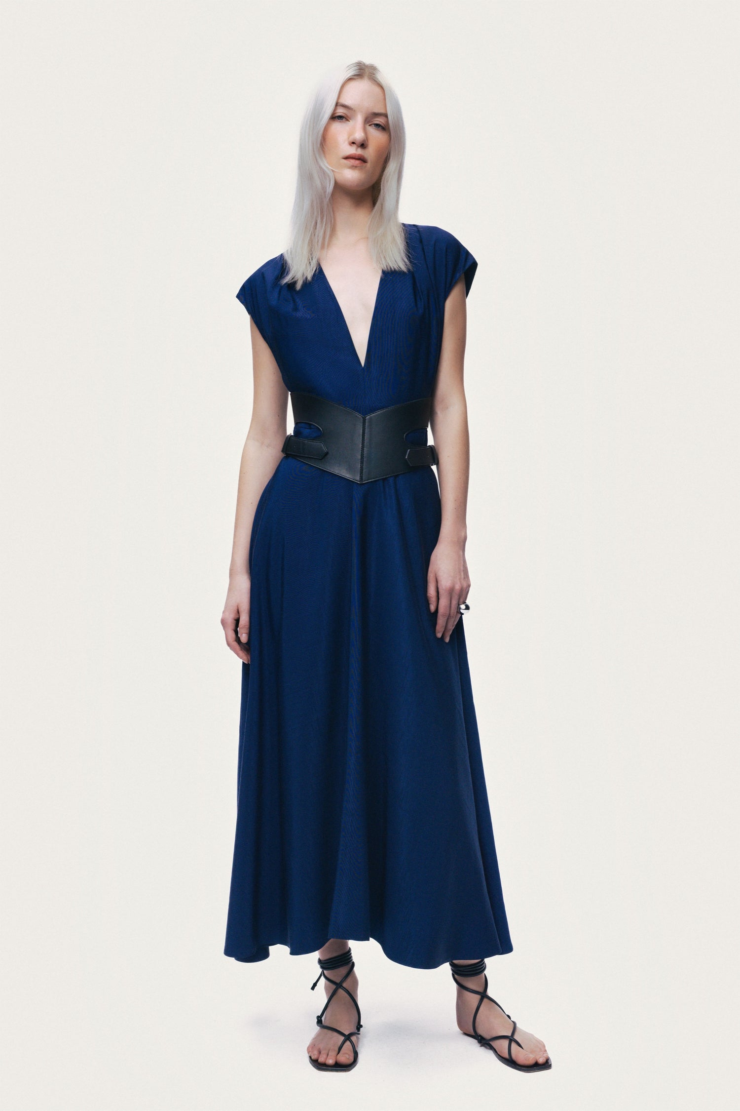 V-Neck Belted Midi Dress