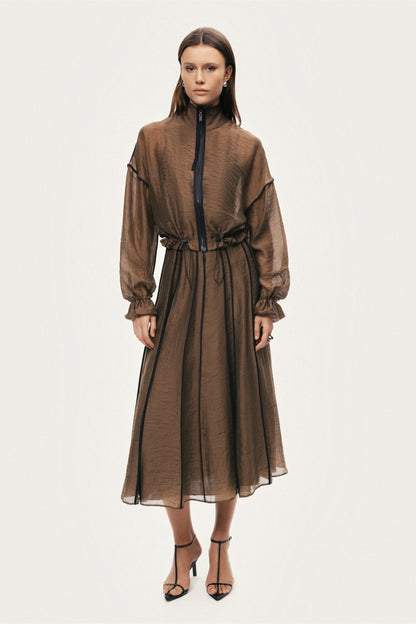 Sheer Pleated Midi Skirt