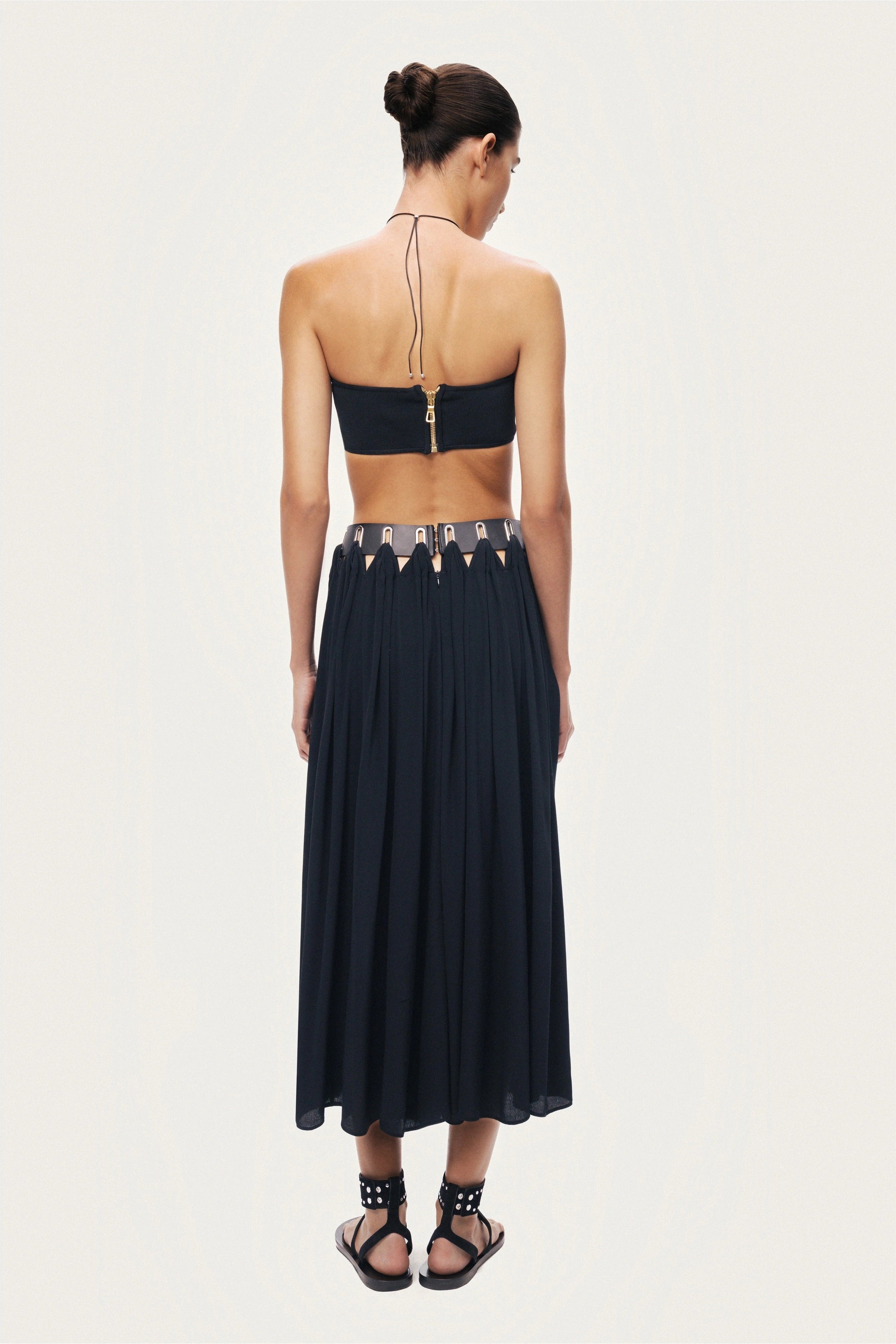 Pleated Ring-Detail Midi Skirt