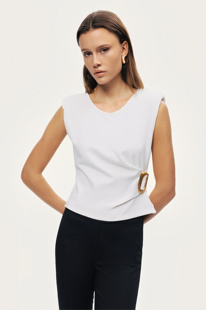 Sleeveless Buckle-Detail Blouse