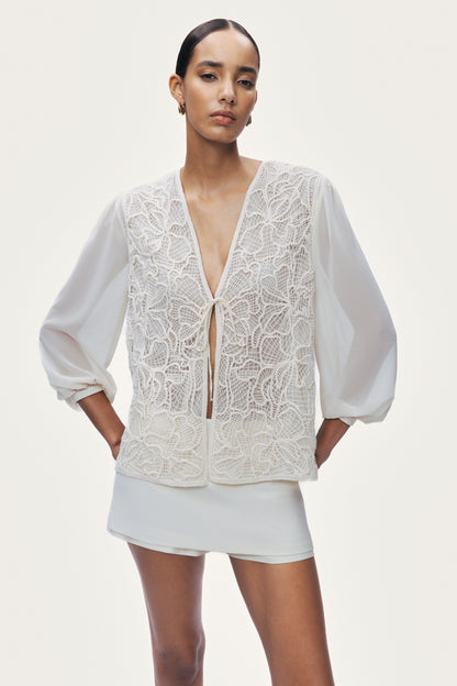 Beige Lace Front Sheer Sleeve Jacket