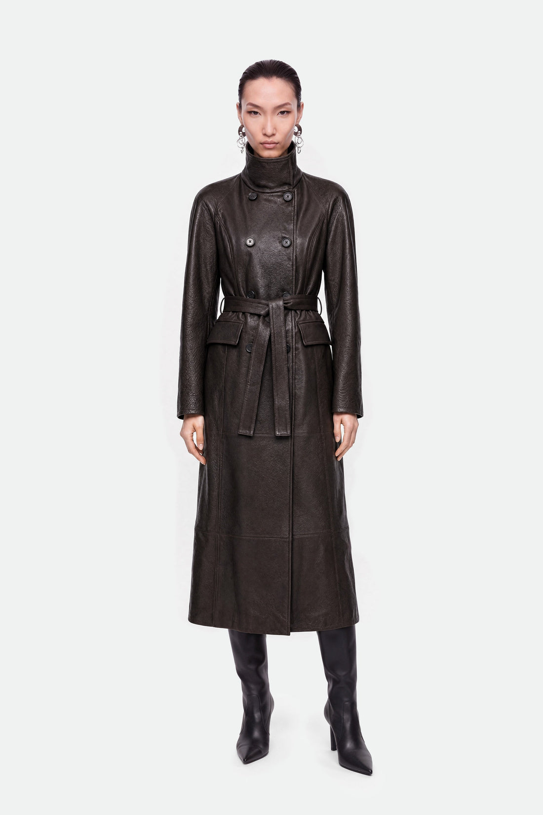 Belted Leather Maxi Trench Coat