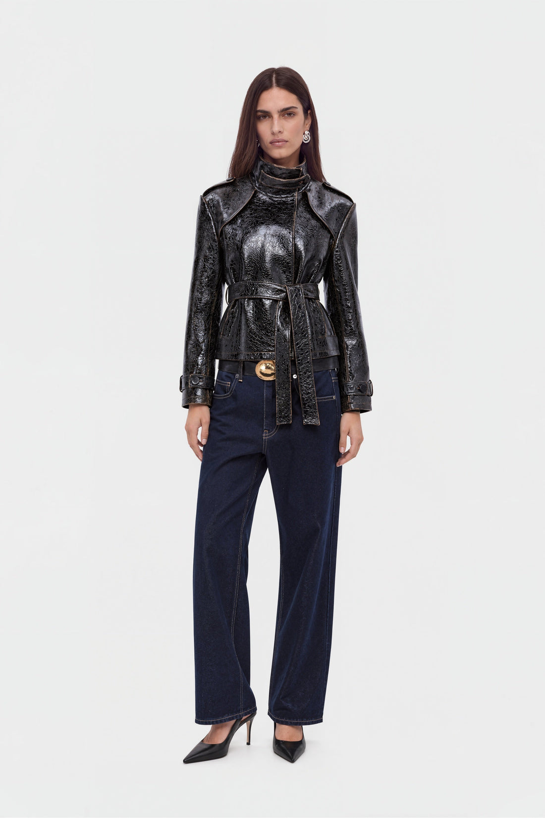 Belted Leather Effect Cropped Trench Jacket