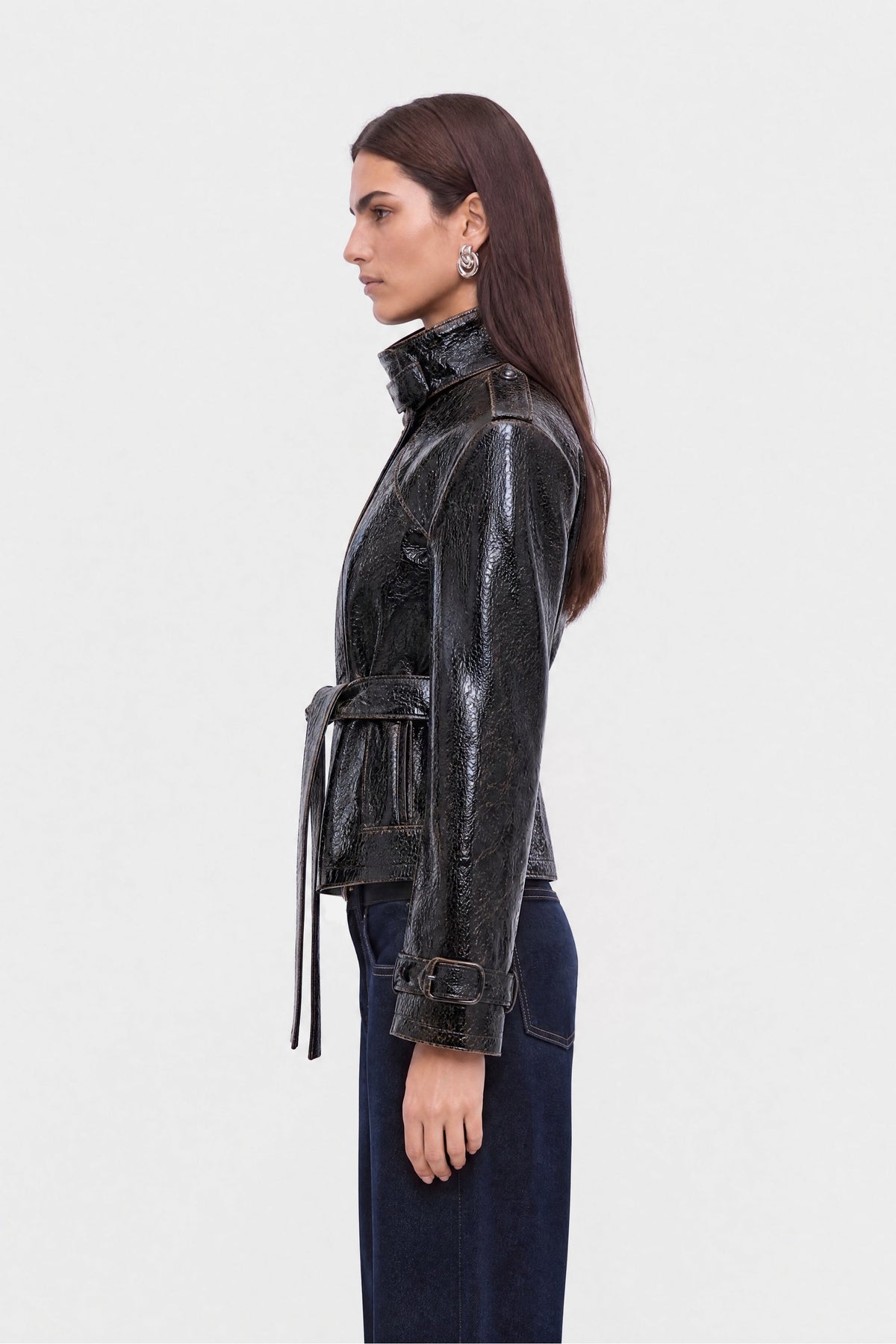 Belted Leather Effect Cropped Trench Jacket