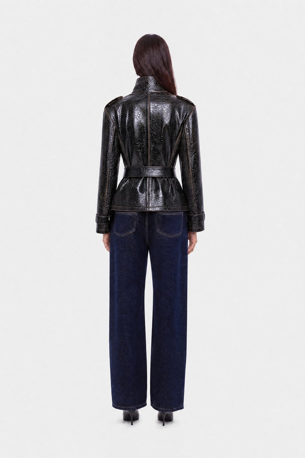 Belted Leather Effect Cropped Trench Jacket