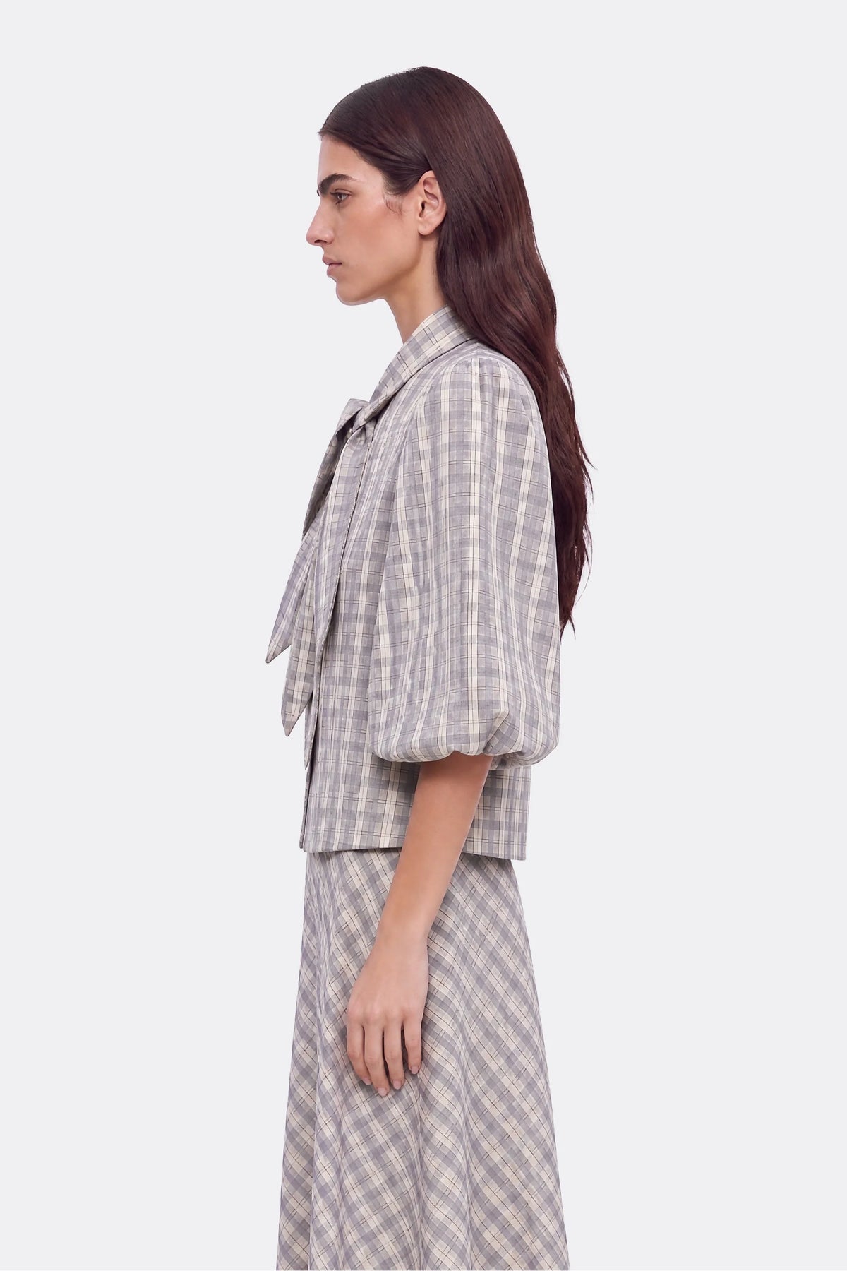Checked Tie Neck Cropped Shirt
