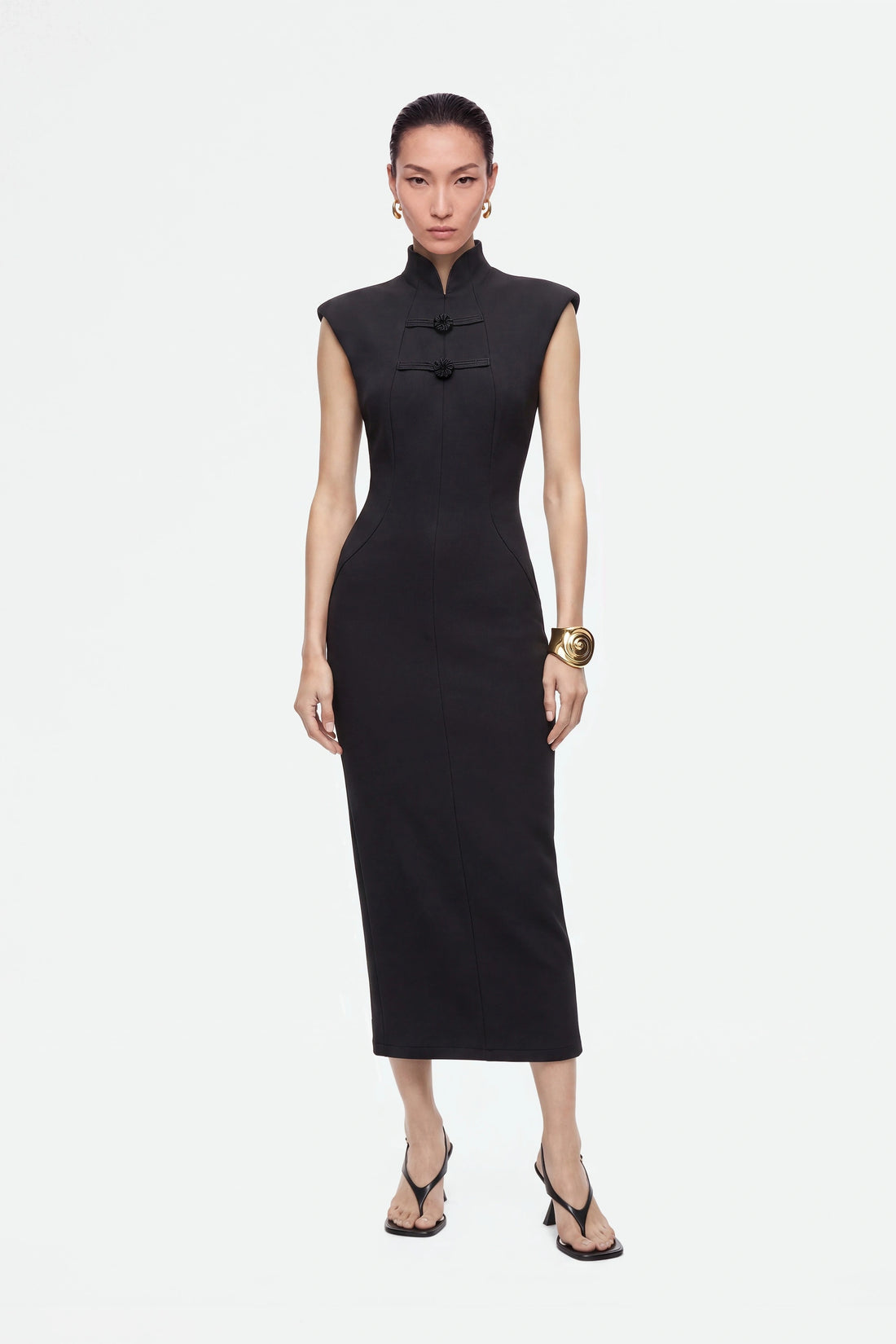 Padded-Shoulder Button-Detail Maxi Dress