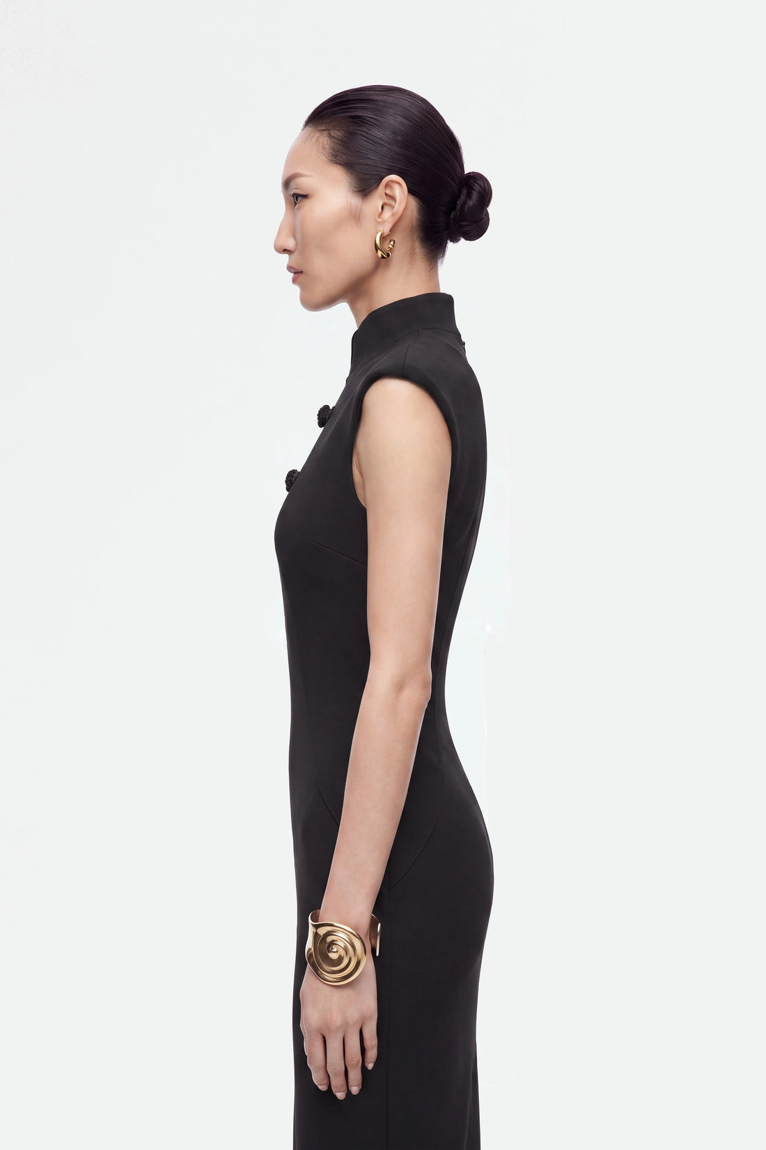 Padded-Shoulder Button-Detail Maxi Dress