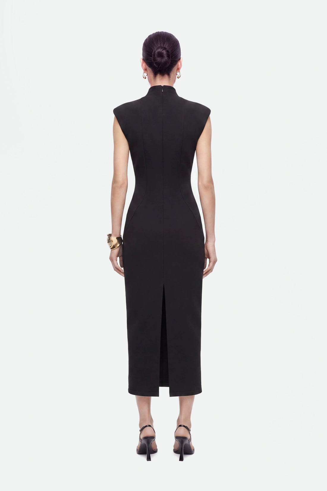 Padded-Shoulder Button-Detail Maxi Dress