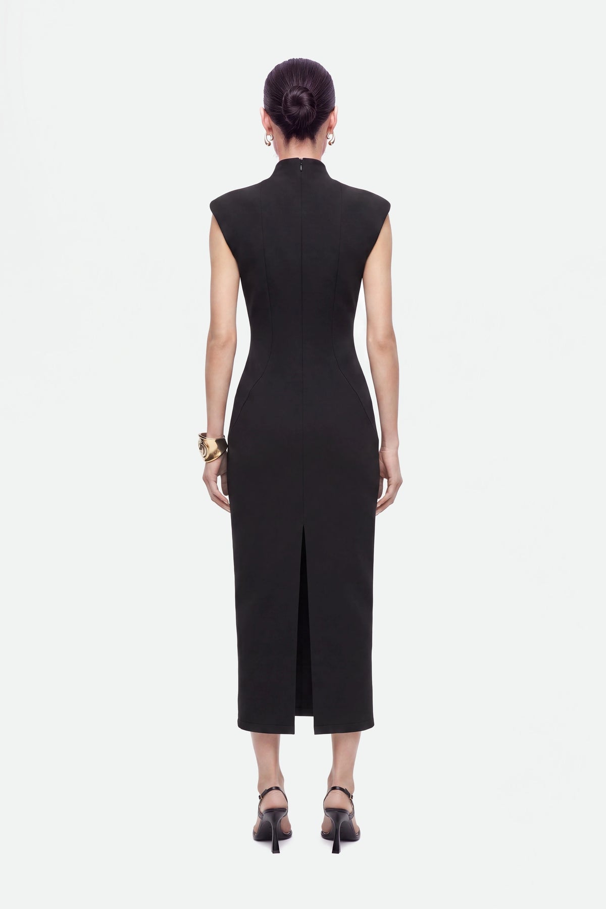 Padded-Shoulder Button-Detail Maxi Dress
