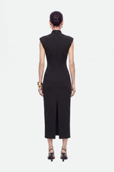 Padded-Shoulder Button-Detail Maxi Dress