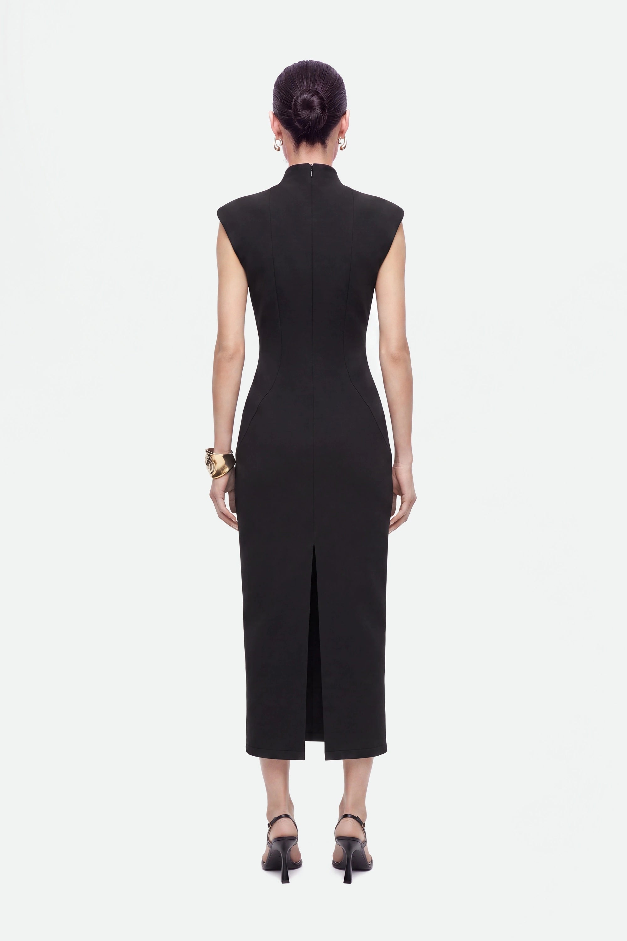 Padded-Shoulder Button-Detail Maxi Dress