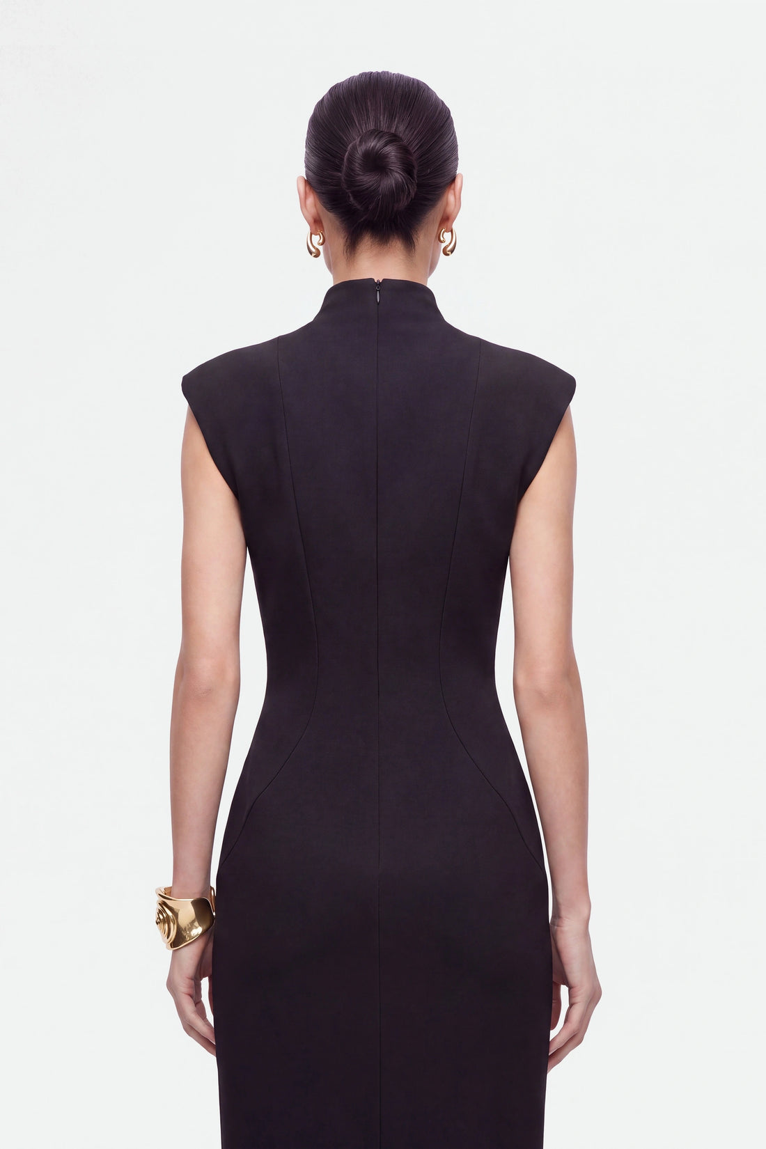 Padded-Shoulder Button-Detail Maxi Dress