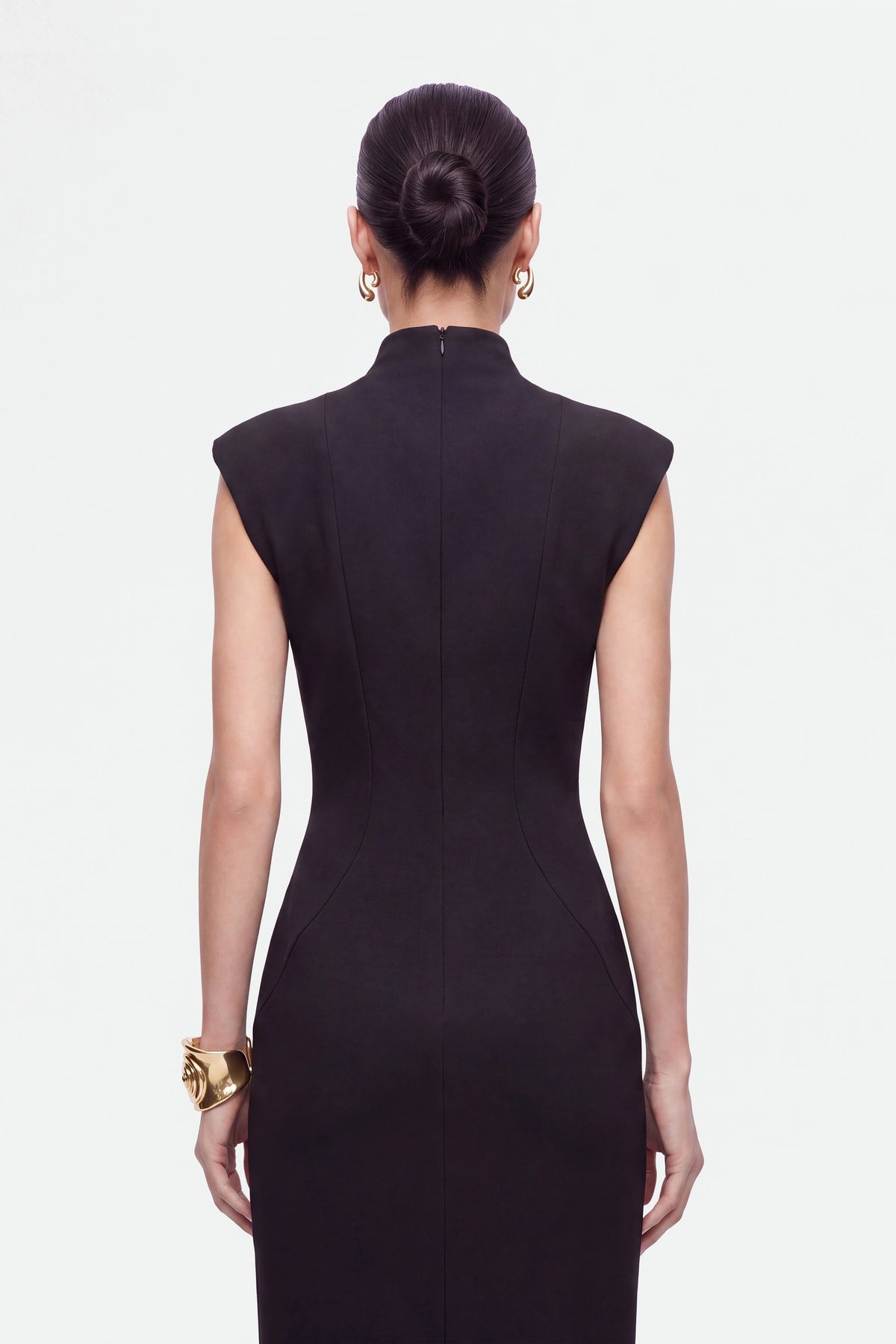 Padded-Shoulder Button-Detail Maxi Dress