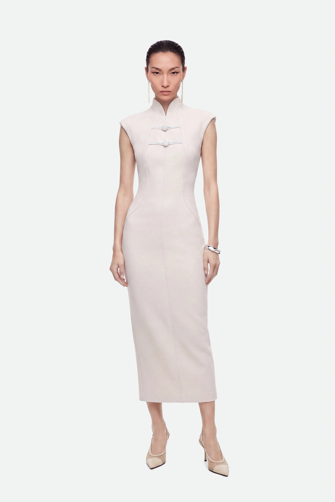 Padded-Shoulder Button-Detail Maxi Dress