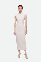 Padded-Shoulder Button-Detail Maxi Dress