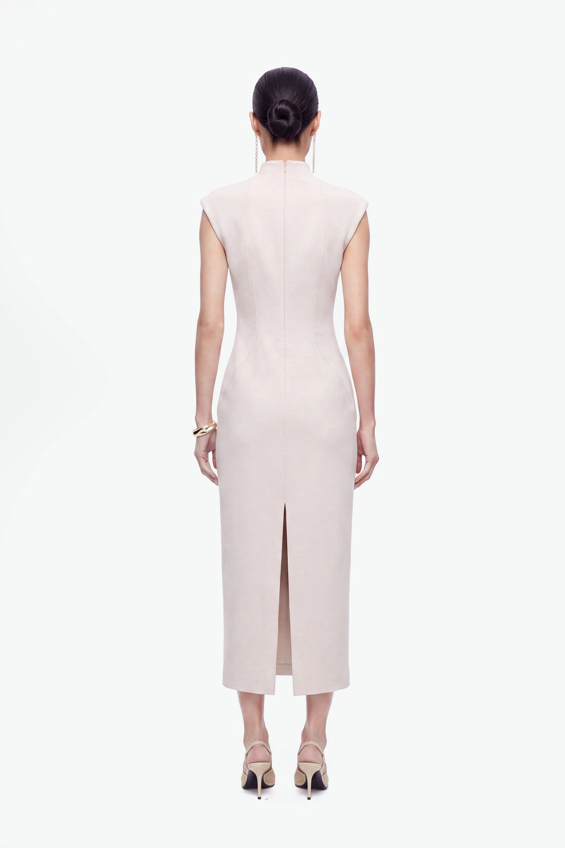Padded-Shoulder Button-Detail Maxi Dress
