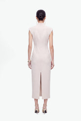 Padded-Shoulder Button-Detail Maxi Dress