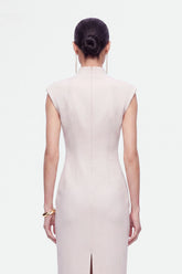 Padded-Shoulder Button-Detail Maxi Dress