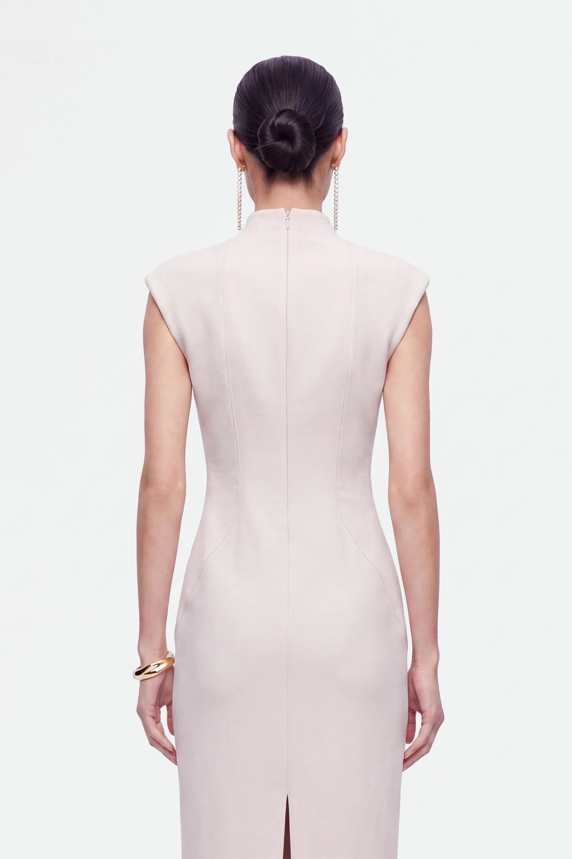 Padded-Shoulder Button-Detail Maxi Dress