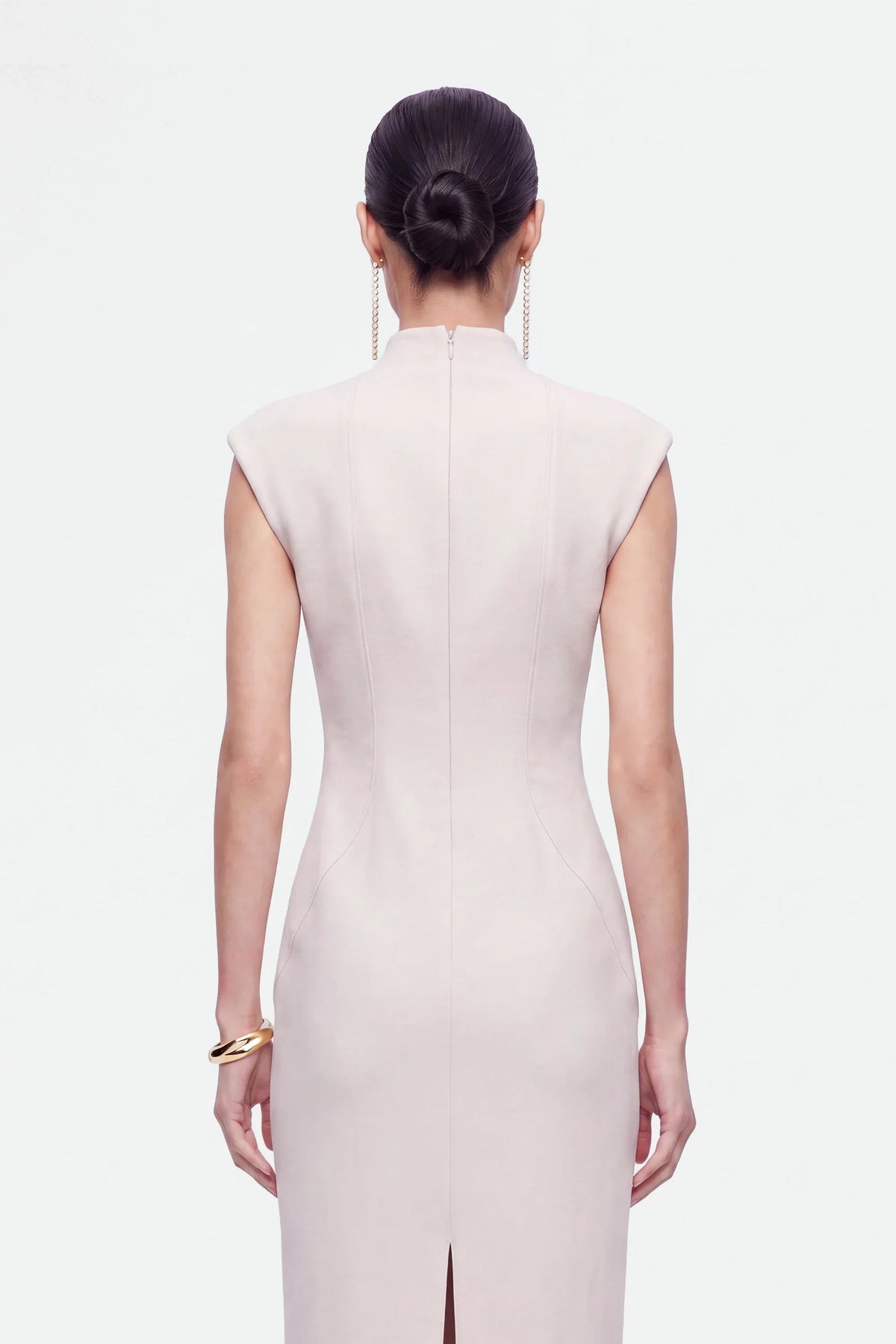 Padded-Shoulder Button-Detail Maxi Dress