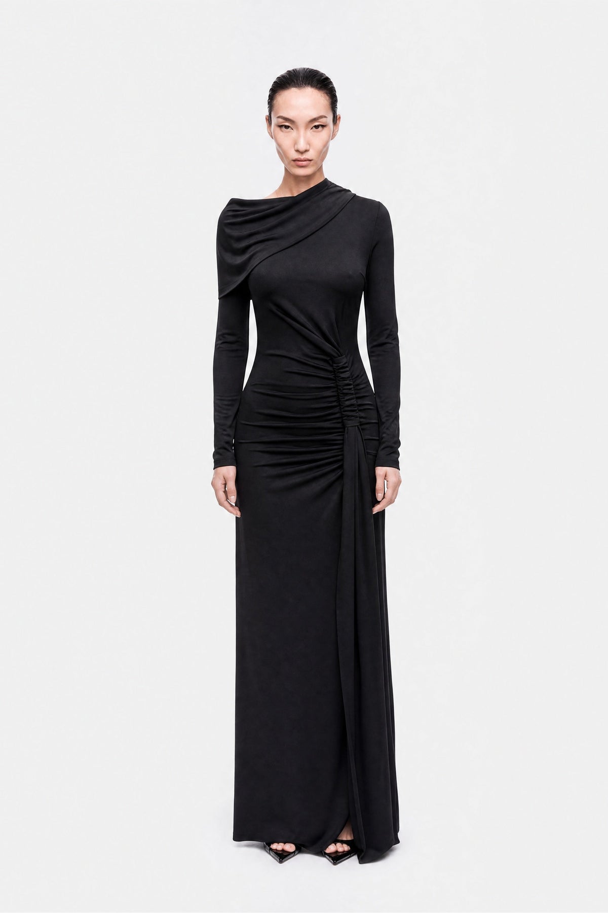Asymmetric Neck Draped Maxi Dress