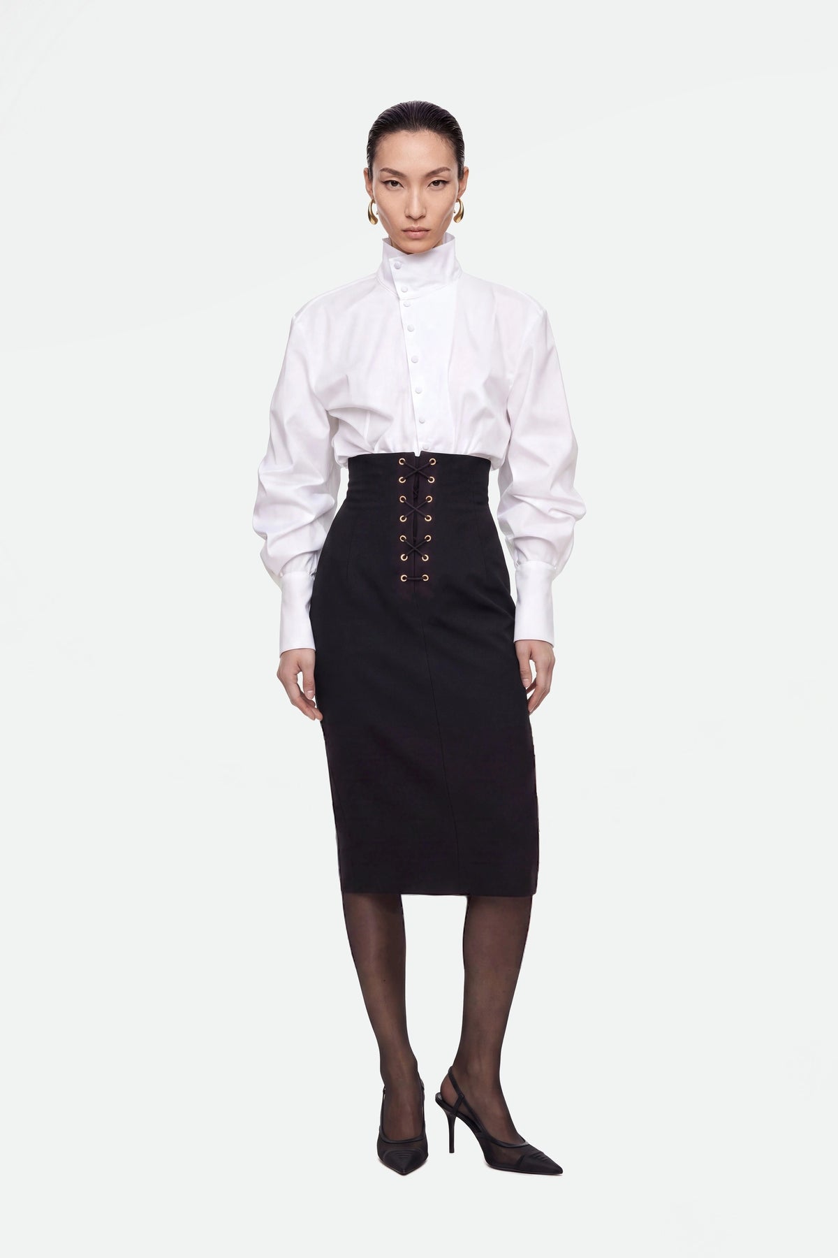 Eyelet-Detail High-Waist Midi Skirt