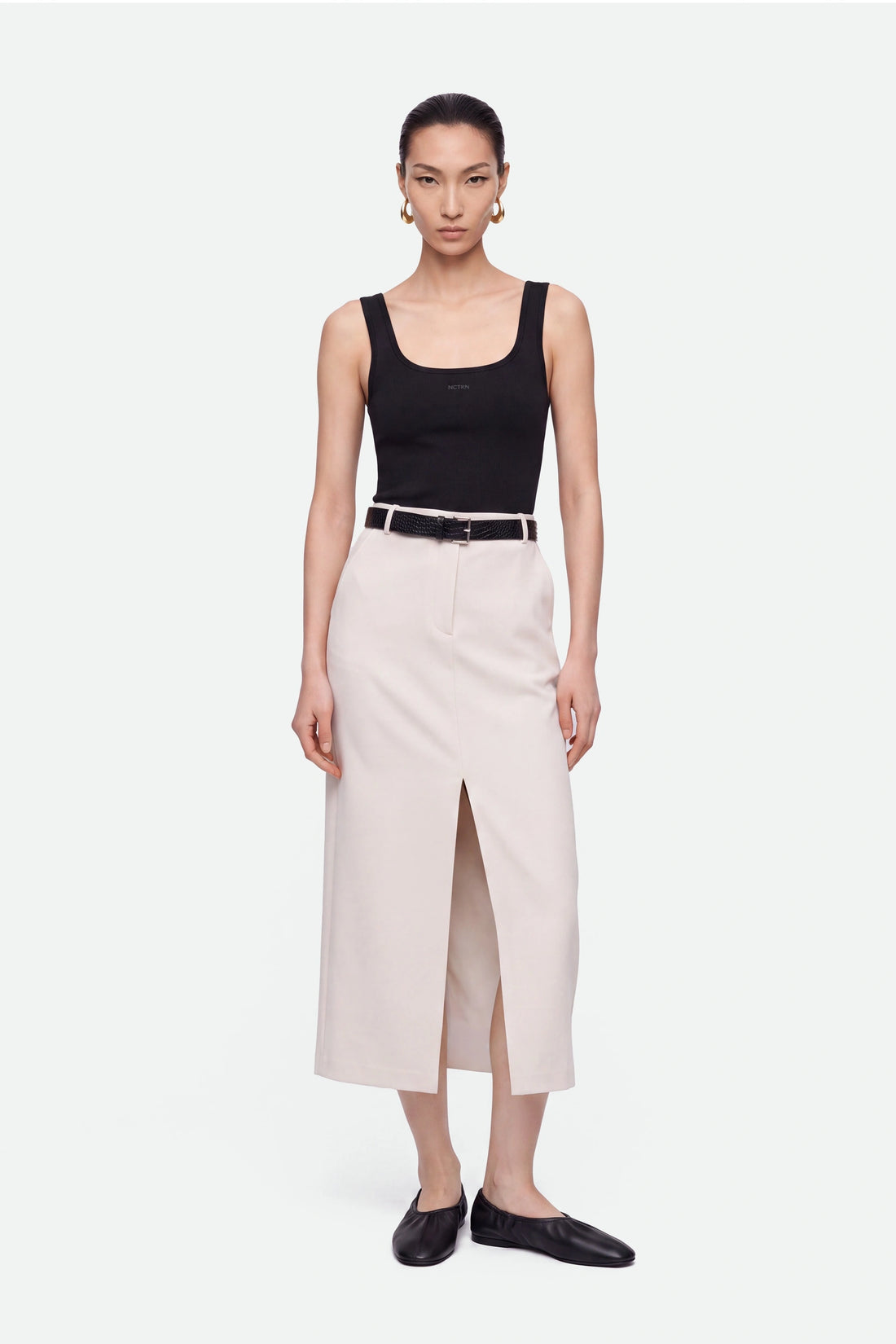 Belted Front-Slit Maxi Skirt