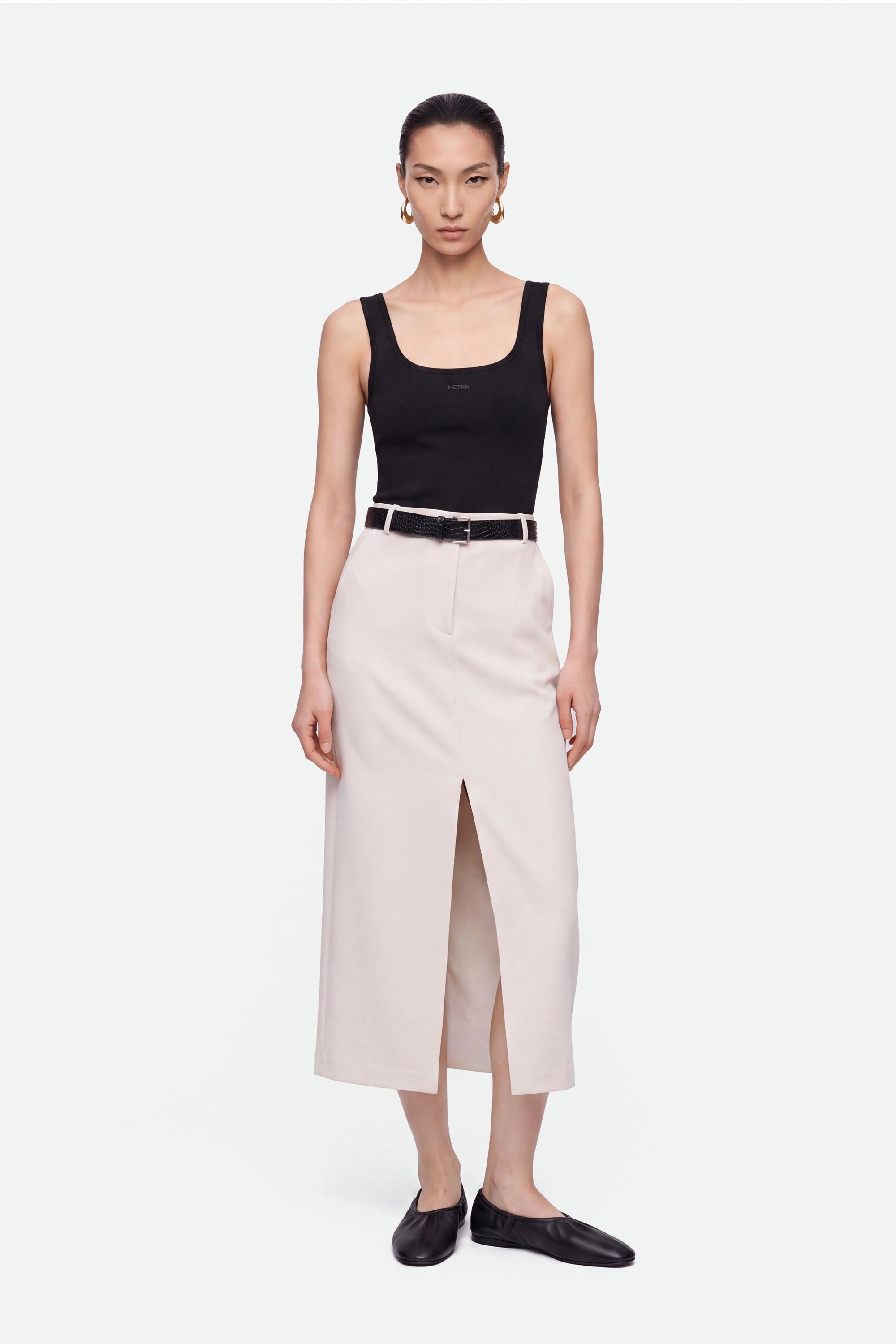 Belted Front-Slit Maxi Skirt