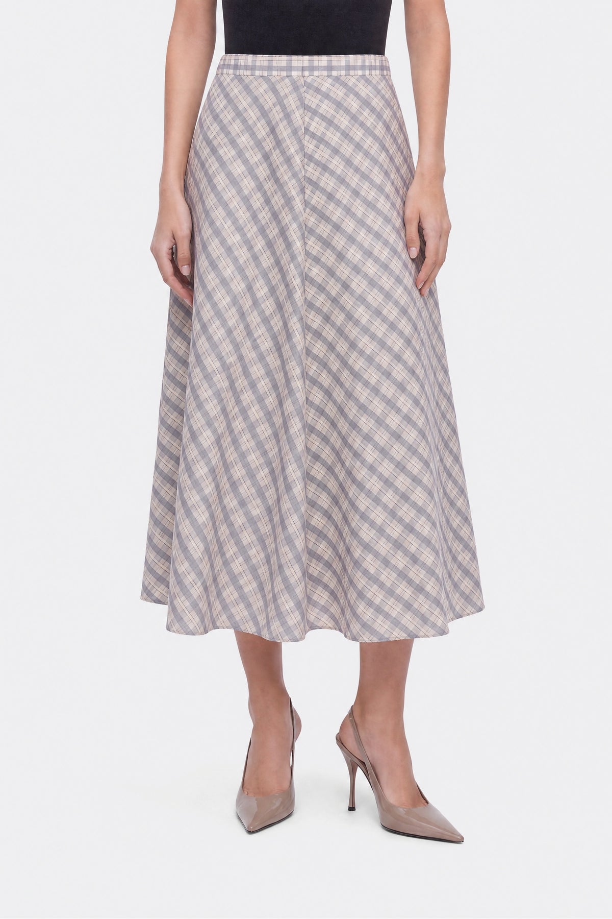 Checked Flared Midi Skirt