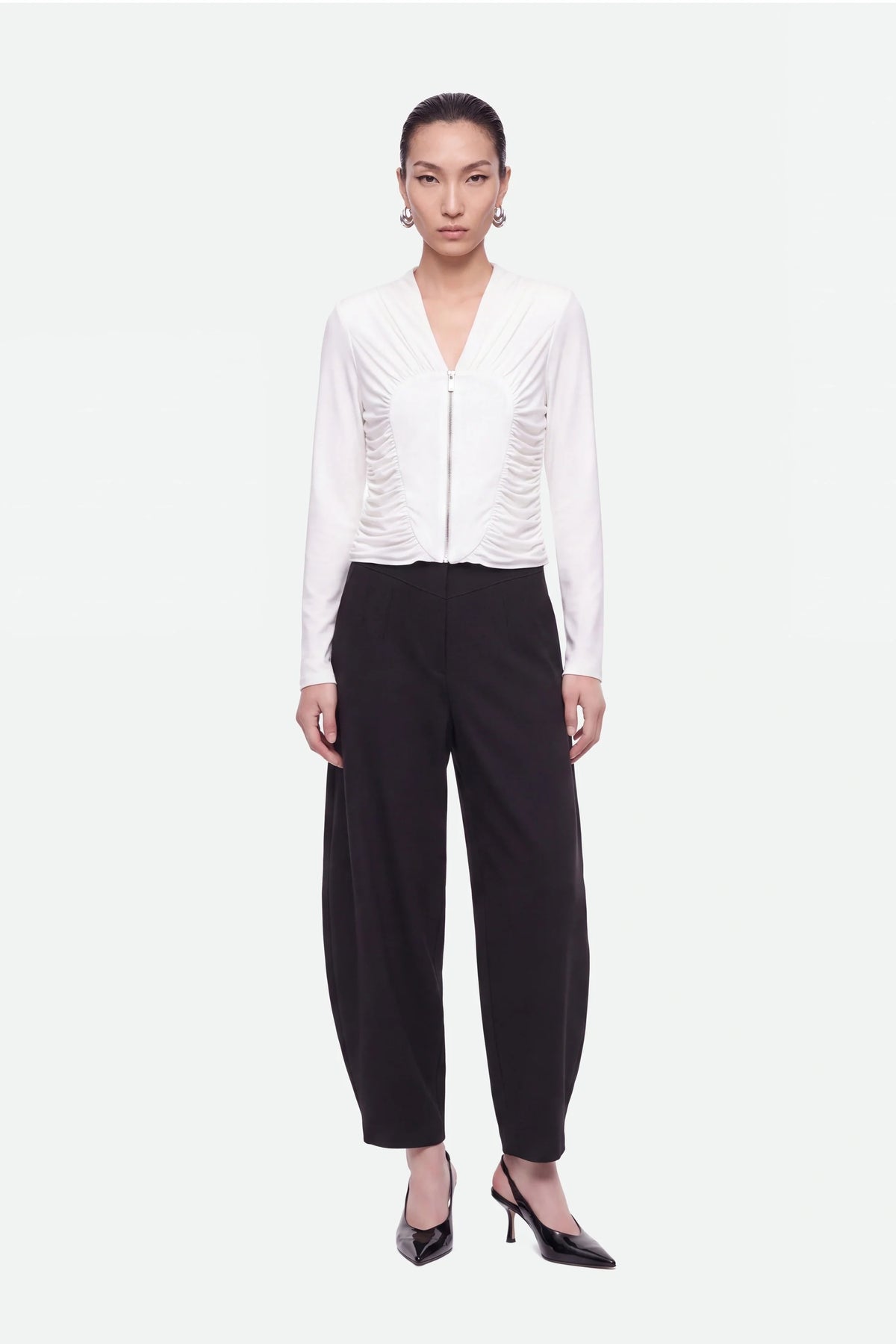 Ruched Metal Zip Blouse