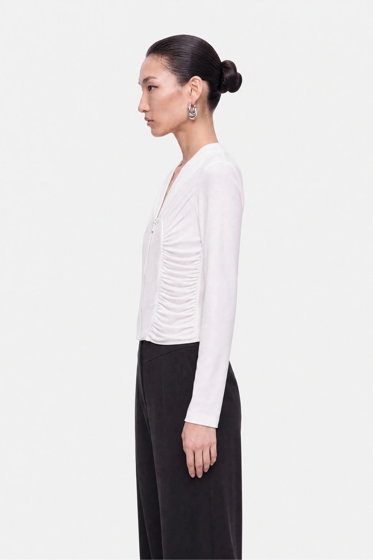 Ruched Metal Zip Blouse