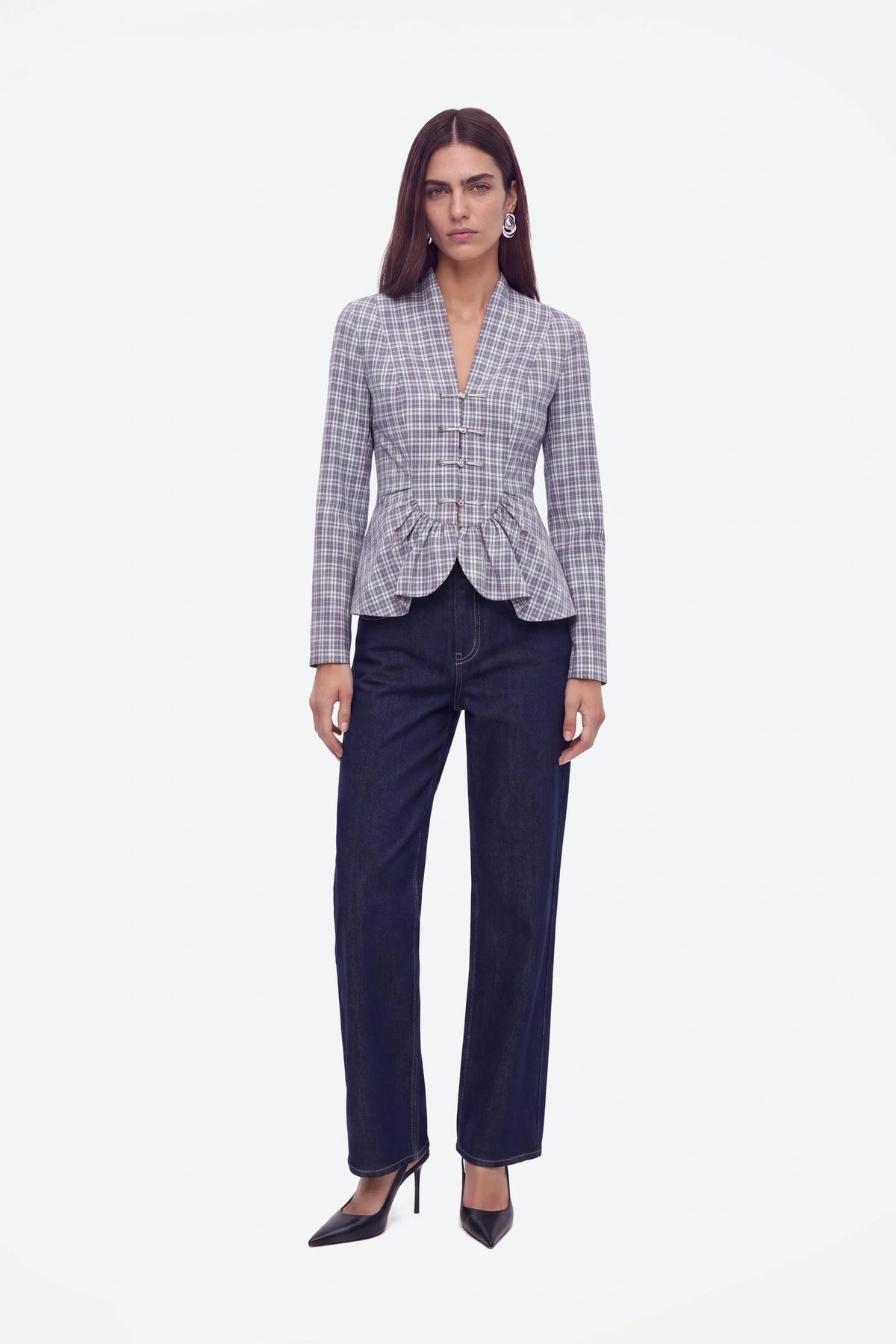 Checked Clasp Peplum Blouse