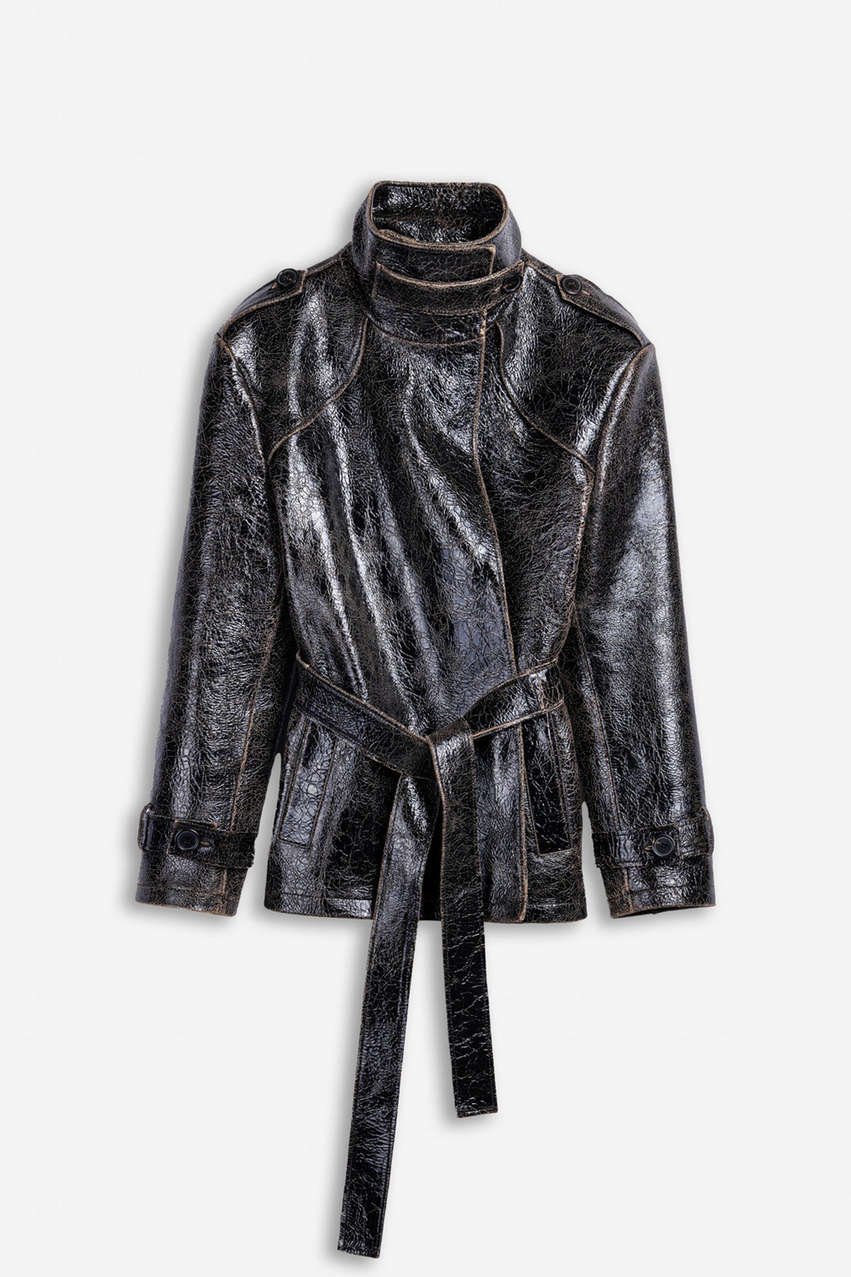 Belted Leather Effect Cropped Trench Jacket