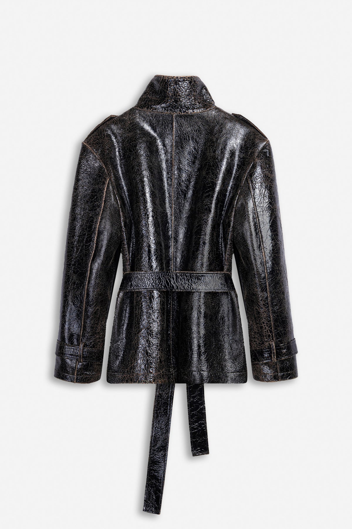 Belted Leather Effect Cropped Trench Jacket