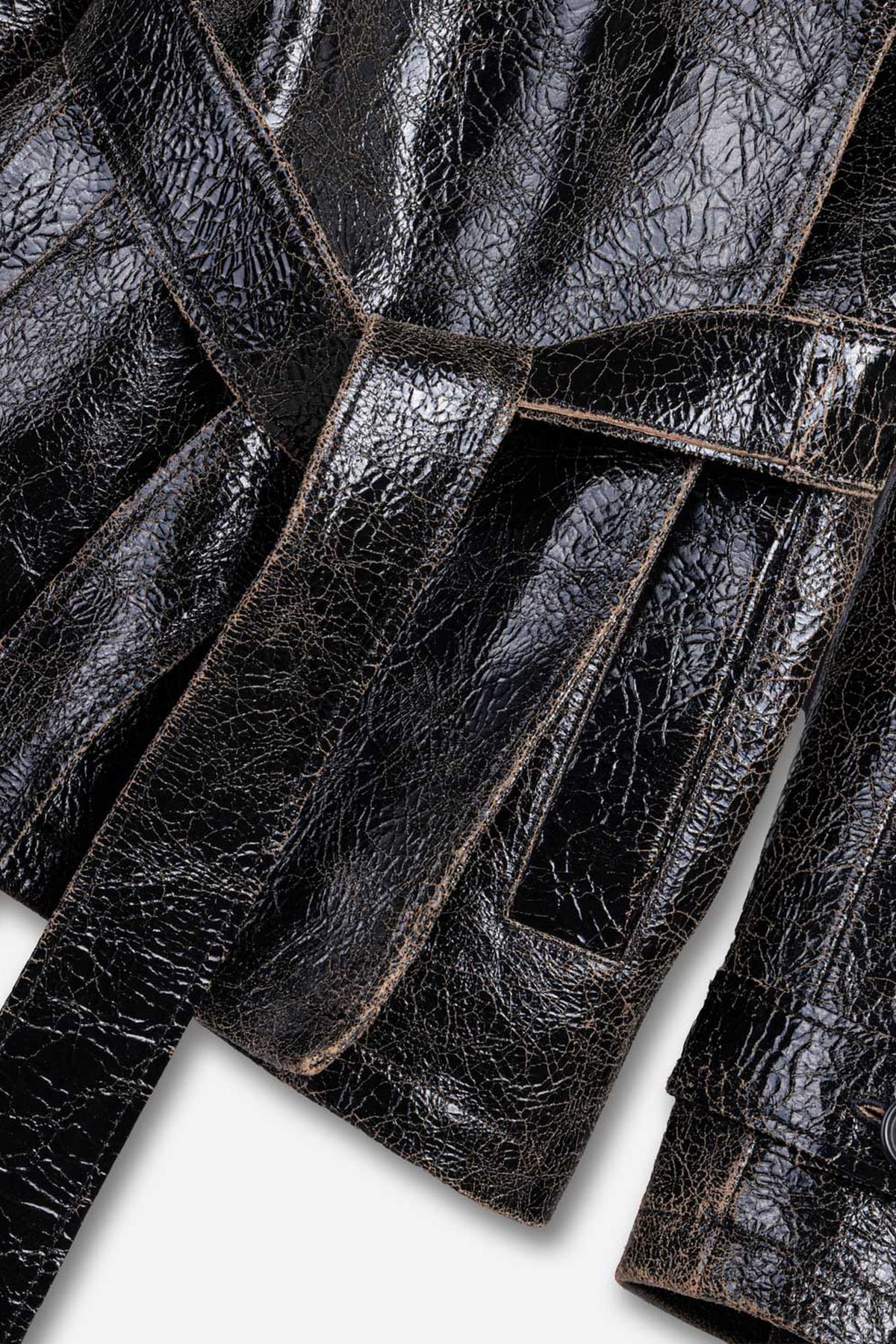 Belted Leather Effect Cropped Trench Jacket