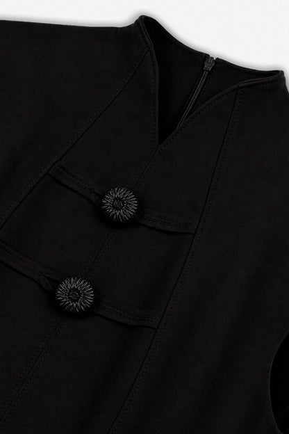 Padded-Shoulder Button-Detail Maxi Dress